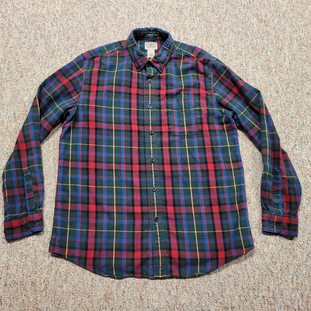 LL‎ Bean Shirt Mens Large Green Red Plaid Flannel Slightly Fitted button Down